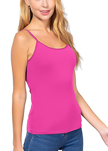 Basic Solid Women s Scoop Neck Cotton Camisole with Built-in Shelf Bra Adjustable Strap Cami Top (L) Hot Pink
