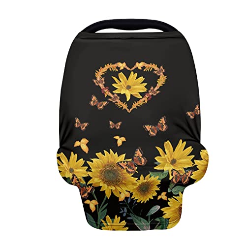 Image of Coldinair Sunflower Butterfly Print Car Seat Covers for Babies Girls,Soft Comfortable Nursing Breastfeeding Cover Infant Stroller Covers,4 in 1