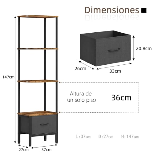Miniatura 6 de Oyrreu Librería De Esquina Con Cajón Y Luz Led, Estantería Alta De 4 Baldas 147 Cm , Estrecha Para Salón O Dormitorio, Cajón De Tela, Marrón Retro