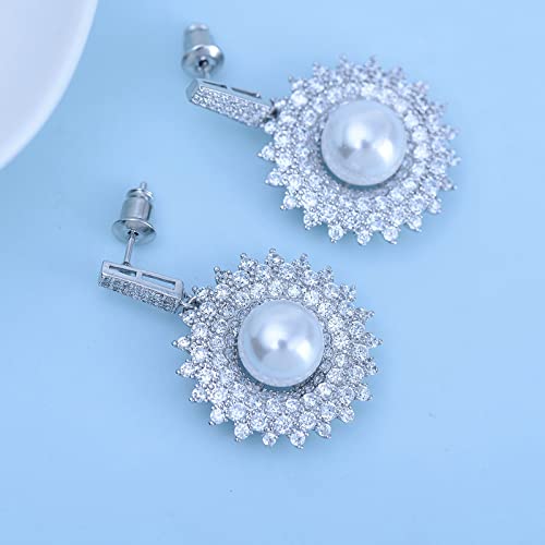Boucles d'oreilles halo perle en plaqué argent et zircones d'exception