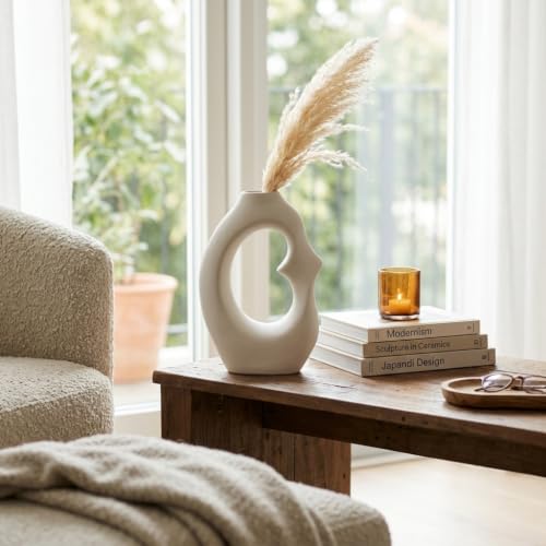 Image of Abstract Ceramic Flower Vase for Home Decor Modern Hollow Decorative Vase Matte White Nordic Table Vase for Pampas Grass, Dried Flowers & Artificial Flowers Living Room, Bedroom & Office
