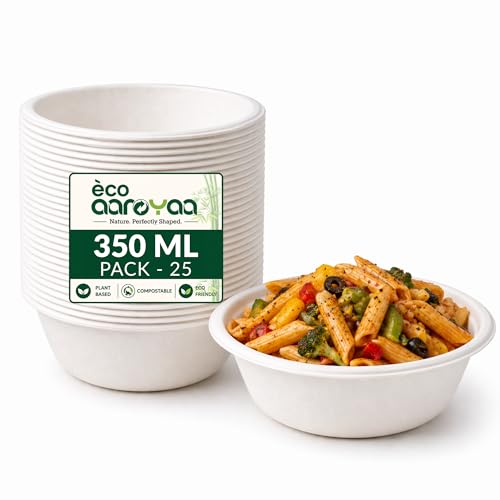 Image of Eco Disposable Bagasse Bowls - 350 ML - Pack of 50 Biodegradable Disposable Bowls - Eco-Friendly Dip, Sauce, Chutney & Dessert Cups - Leak-Resistant Small Serving Bowl (Pack of 50)