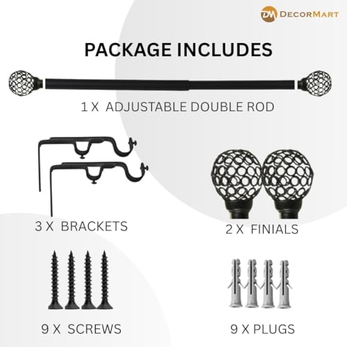 Image of 84 inch-144 inch Adjustable Double Curtain Rod For Door & Windows With Brackets Set Curtains Hanging Extendable Iron Metal Pipe Holder With Mughal Metal Finial (Black, 0.75 inch Diameter)