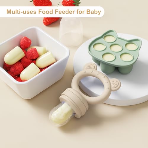 Image of Baby Breastmilk Popsicle Molds & Baby Fruit Feeder (4 Pack), Infant Food Freezer Tray Storage Containers, Silicone Teething Pacifier Feeder and Teether for Babies,Boys and Girls-Beige&Green