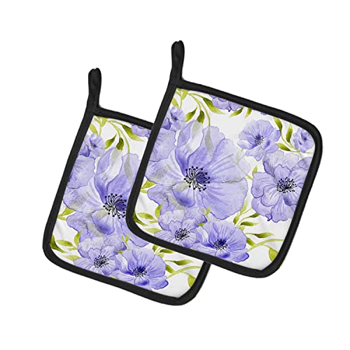 Caroline's Treasures BB7491PTHD Watercolor Blue Flowers Pair of Pot Holders Kitchen Heat Resistant Pot Holders Sets Oven Hot Pads for Cooking Baking BBQ, 7 1/2 x 7 1/2