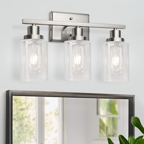 Image of Ascher Bathroom Vanity Light Fixtures, 3 Light Wall Sconces Lighting with Clear Glass Shade, Brushed Nickel Wall Lights for Mirror, Kitchen, Living Room, Gallery, E26 Base (Bulbs Not Included)