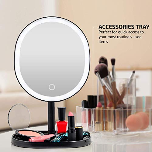 Ovente Lighted Makeup Mirror With Magnification, Rechargeable 8.5'' Vanity Table Top With Storage Tray, Dimmable Round Led, 10X Mini Magnetic Mirror, Compact For Travel, Usb Powered, Black Mot22B #TOP3