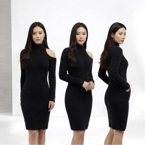 Image of Women Ribbed Knit Bodycon Dress with Asymmetrical Cut Out Neckline Premium Boutique Single Piece Long Sleeve Winter Midi Dress Unique One of One Limited Availability Grey