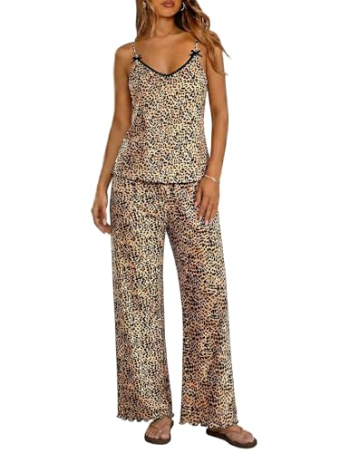 Image of Ekouaer Womens Y2K Cami Pajama Set with Flare Pants, 2 Piece Lace Trim Sleepwear Spaghetti Strap Pjs Set XS-2XL