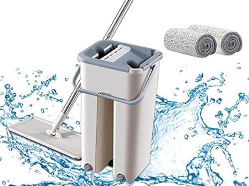 Image of Mop Heavy Quality Floor Mop with Bucket, Flexible Kitchen tap Flat Squeeze Cleaning Supplies 360 Flexible Head /2 Reusable Pads Clean Home Floor Cleaners