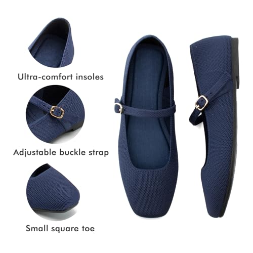 Image of Soesyi Knit Flats for Women Square Toe Flats Casual Ballet Flats with Ankle Strap,Mary Jane Shoes Women Comfortable for Dressy Office