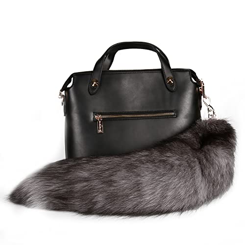 URSFUR Fluffy Silver Blue Fox Tail Fur Handbag Accessories Key Chain Ring Hook