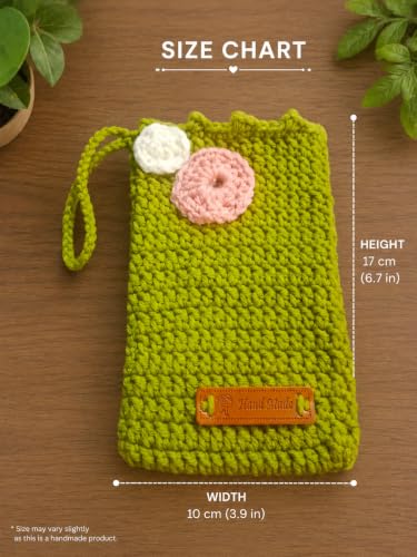 Image of Handmade Crochet Mobile Pouch for Women & Girls | Knitted Phone Holder with Wrist Strap | Cute Floral Aesthetic Mobile Cover Case | Soft Yarn Handmade Gift (Olive Green)