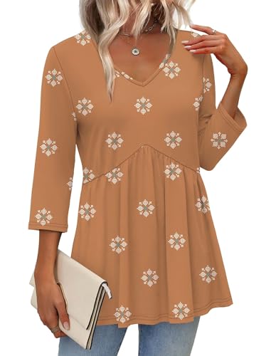Image of OFEEFAN 3 /4 Length Sleeve Womens Tops 2026 Blouses for Women Dressy Casual Fashion Clothing V Neck Babydoll Tops Fall Outfits