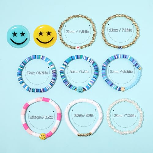 Image of Preppy Bracelets Set Colorful White Gold Smile Heart Star Polymer Beaded Pearl Clay Stackable Charm Y2K Kidcore Aesthetic Summer Beach Bohemian Stretch Layering Bracelets Jewelry for Girls Women Teens