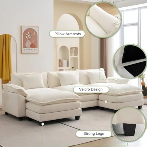 Image of Modern U Shaped Sectional Sofa, Plush Chenille Upholstery, Extra Deep Seats with Throw Pillows for Living Room Office Hotels (Cream)