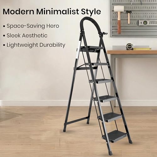 Image of Black 6 Step Ladder for Home Use with Built-in Tool Tray | Heavy Duty D Shape Rods | Ultra Large Platform | Wide Rubber Feet | 150Kg Capacity Foldable Ladder - 7 Years Warranty