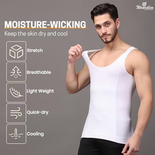 Image of Wearslim Premium Men's Super Combed Cotton Elastene Stretch Fabric Tummy Tucker Vest for Man with Extended Length for Easy Tuck | Gynecomastia Compression Body Shaper Vests for Men (Pack of 2 - B&W)