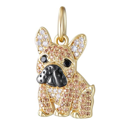 SCAMPER & CO .925 Sterling Silver 18k Yellow Gold Plated French Bulldog Dog Charm - Cubic Zirconia for Necklace and Bracelet, Gemstone Sterling Silver Charms for Bracelets Hypoallergenic Dog Lovers