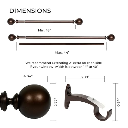 Image of Deco Window 18 inch-44 inch Adjustable Rustproof Curtain Rod for Doors & Windows with Brackets, Extendable Iron Metal Pipe Holder with Ball Wt Ac Bush Finials (Brown,25MM Diameter)