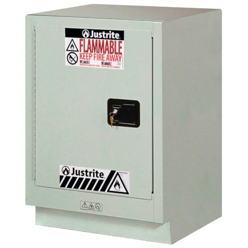 Image of Justrite Acid Corrosive Storage Cabinet - 15 Gallon 1 Door Manual Close Chemical Storage Cabinet with ChemCor Coating - 22 inch x 36 inch x 24 inch - Made in The USA - Silver - 8825142