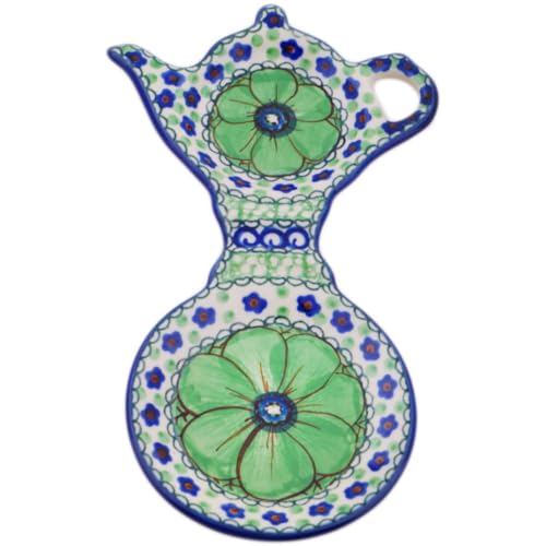 Authentic Polish Pottery Tea Bag or Lemon Plate Signature UNIKAT in Green Pansies Design Handmade in Boles?awiec Poland by Ceramika Artystyczna + Certificate of Authenticity