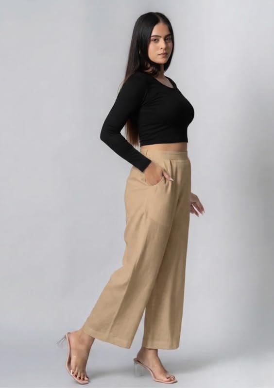 Image of Moirai Pure Cotton Wide Leg Women Trouser Stylish Mid Rise Relaxed Straight Fit Loose Pants Casual Travel Office Formal Wear