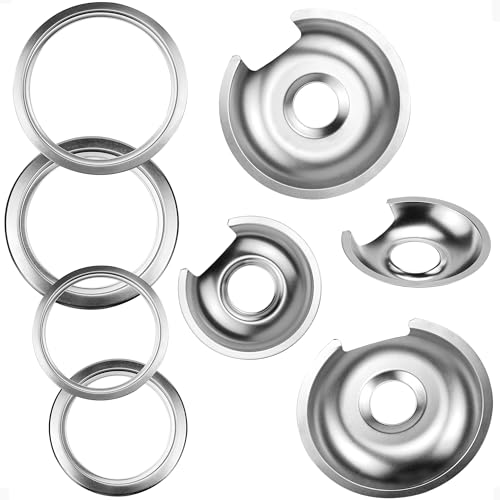 Chrome Stove Drip Pans Replacement for G-E Hot-point Electric Range Stove, Includes 2 Large 8-Inch WB32X10013 & 2 Small 6-Inch WB32X10012 Drip Pans with WB31X5013 WB31X5014 Burner Rings by Fetechmate