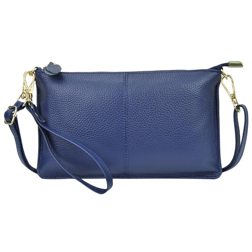 NGIL Women Genuine Leather Crossbody Wristlet, Women's Handbag, Chic Shoulder Bag Small Wristlet Wallet, Golden Accent Zipper, Navy, Medium