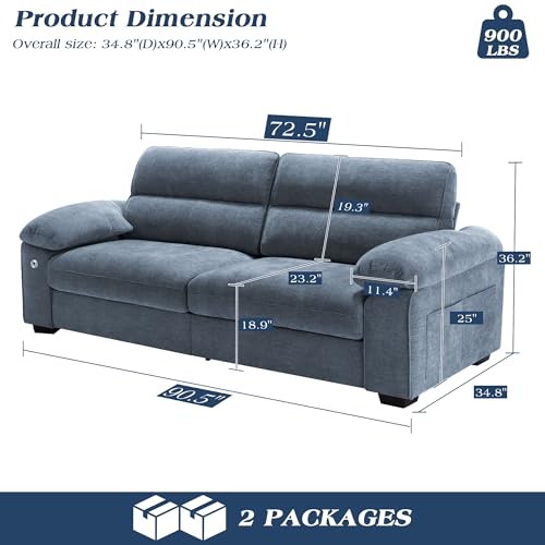 Image of WorthFurni Sofas for Living Room, Chenille Pillow-Armrest Loveseat Couch Set, Small Sofa, 3 Seater Sofa, USB Charging, Removable Sofa Cover, Solid Wood Frame, Easy to Install (90.5 inch, Blue)