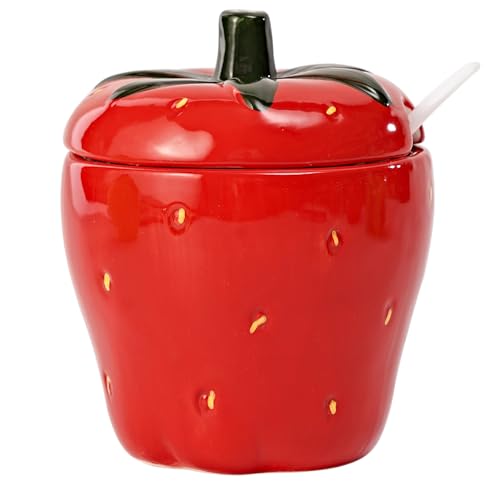 KHGBT Hand-painted Ceramic Fruit Shape Sugar Bowl Spice Jar Seasoning Pot with Lid Spoon (Strawberry)