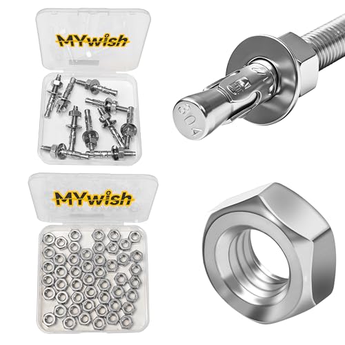 Mywish 10Pcs 1/4 x 1-3/4 Inch Wedge Anchors & 1/4-20 Hex Nuts, 50Pcs Hardware Nuts, 304 Stainless Steel Industrial 1/4 Heavy Duty Industrial Masonry Wdege Anchor Bolts for Brick Cement and Concrete