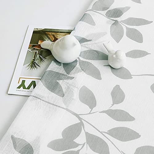 Image of White Grey Leaf Sheer Curtains for Bedroom 63 inch Semi-Sheer Print Leaves Pattern Curtains for Living Room Rustic Linen Textured Window Draperies for Parlor Apartment Dorm Rod Pocket Set of 2
