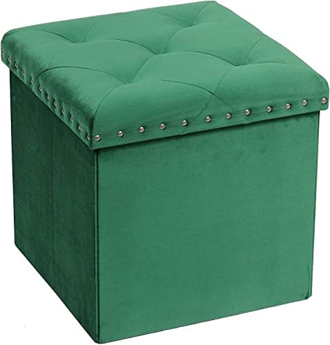 PINPLUS Velvet Folding Storage Ottoman Cube, Green Small Tuffed Foot Rest Stool with Rivet Design, Coffee Table Shoes Box Toy Chest Padded Seat for Living Room Bedroom Dorm Decorative Home, 16inches