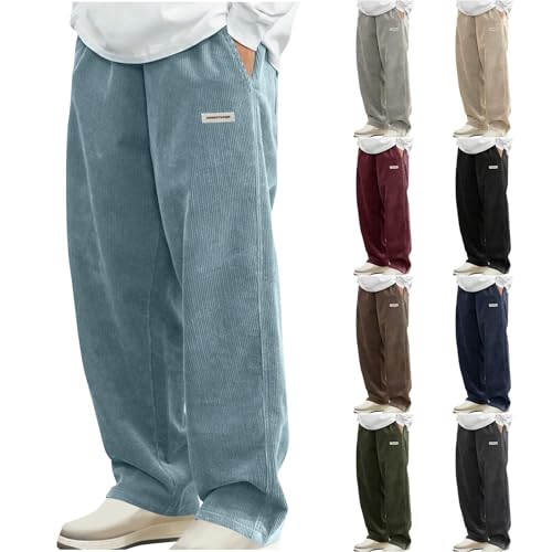 Mens Straight Leg Long Pants Casual Baggy Solid Elastic Waist Drawstring Pant Going Out Wide Leg Trouser with Pocket