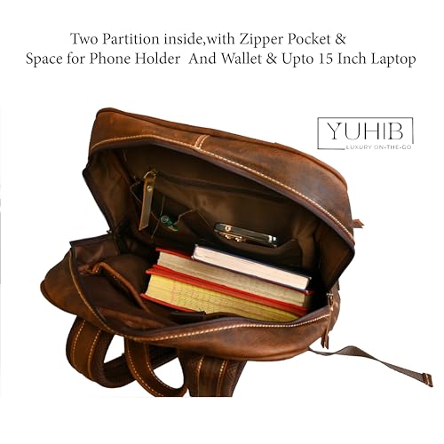 YUHIB Cowhide Leather Backpack for Men & Women 15 Inches Full Grain Leather Laptop Backpack Vintage Cow Skin Rucksack Knapsack Shoulder Leather Bag for Travel Hiking Adventure Dailywear4