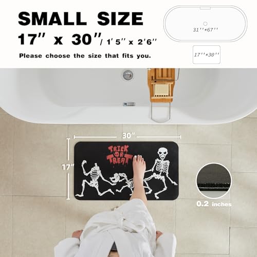 Halloween Bath Mat, Thin Halloween Bathroom Rug Non Slip Quick Dry Skeleton Bath Mat Fits Under Door Thin Floor Mat Halloween Decor, 17''x30'', Skull Treat or Trick Black