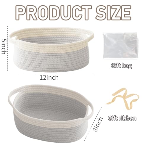 Image of JMvicyroam Small Woven Basket, Empty Gift Basket, White&Grey /2 Pack | Small Gift Basket, Cotton Rope, 12 x 8 x 67 in, Handles, Includes Ribbon and Bag, Birthday Gift Basket