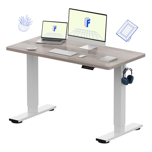 FLEXISPOT EN1 One-Piece Standing Desk 48 x 24 Inches Height Adjustable Electric Desk Sit Stand Desk Home Office Desks (White Frame + Gray Wood Grain Top, 2 Packages)