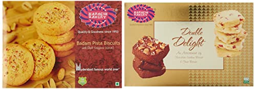 Image of Karachi Bakery Badam Pista Biscuits, 400g, Karachi Bakery Double Delight Fruit Biscuit with Chocolate Cashew, 400g