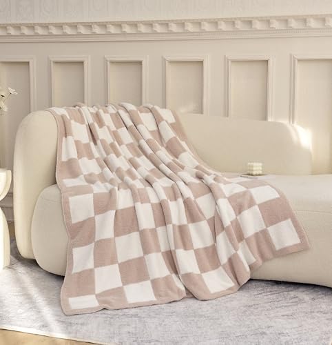 Image of Ultra Soft Cozy Checkered Knitted Throw Blanket Fluffy Microfiber Checkerboard Bed Blanket Lightweight Both Sides Blanket for Couch Sofa Bed (Cream, Throw 50 inchx60 inch)