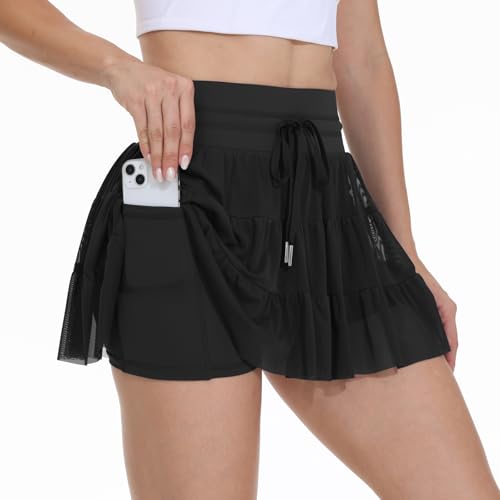 Womens Tennis Golf Skirt Workout Athletic Mini Mesh Flowy Cute Ruffle A Line Skorts Skirts High Waisted with Pockets Shorts Underneath Girls Trendy Clothes Casual Summer Outfits 3.5" Black S