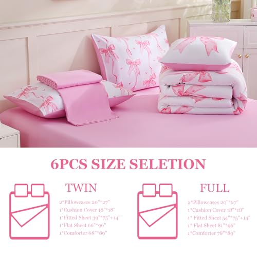 Image of DORCAS Bow Full Size Comforter Set for Girls,6 Pieces Bed in A Bag Pink Bow Bedding Sets with Sheets for Kids