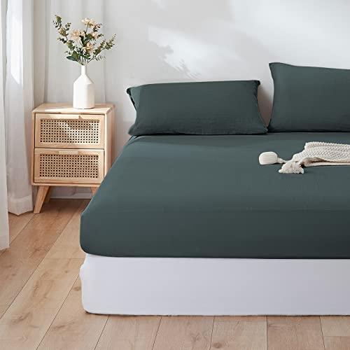 Yiyea Linen Fitted Sheet With Pillowcase - Natural French Linen Cotton Blend 16 Inch Deep Pocket Twin Fitted Sheet, Soft, Breathable And Durable (Twin, Balsam Green #TOP6