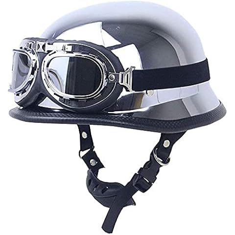 NZGMA ECE Motorcycle Half Helmet Approved German Style Vintage Open Face Crusier Helmet Cap with Pilot Goggles, Mirror Silver Chrome Chopper Scooter Crash Retro Moped Moto Helmets Cover