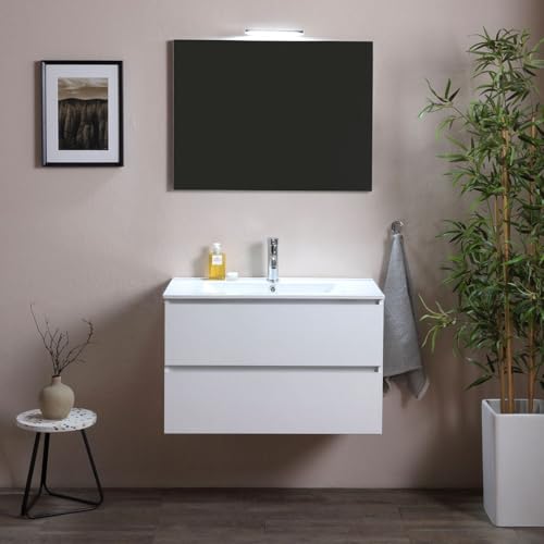 Kiamami Valentina - Mobile Bagno Sospeso Berlin | 90 CM con Cassetti | Lavabo in Ceramica | Specchio...