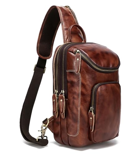 LANNSYNE Vintage Full Grain Leather Sling Bag Crossbody Chest Daypack