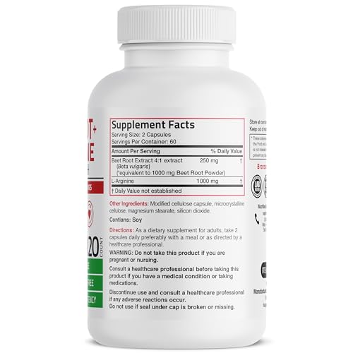 Bronson 1199-120 Beet Root + L-Arginine 2000 Mg Nitric Oxide Production- Non-Gmo, 120 Vegetarian Capsules thumb #1