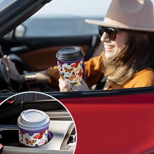 Image of KJQJLY 3 Pack Reusable Iced Coffee Sleeves for Iced Coffee Cups or Drinks Reusable Neoprene Insulated Sleeves for Hot and Cold Drinks from Starbucks, Dunkin, And More (White butterfly)