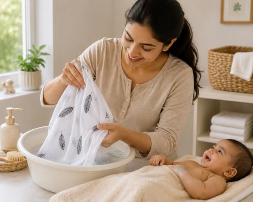 Image of 100% Cotton Muslin Baby Swaddle & Bath Towel, 120 x 120 cm (47 x 47 Inches),Soft & Breathable Newborn Baby Swaddle Wrap,Lightweight Cotton Baby Blanket, 0-18 Months, Half Zig Zag + Black Wing,Set of 2